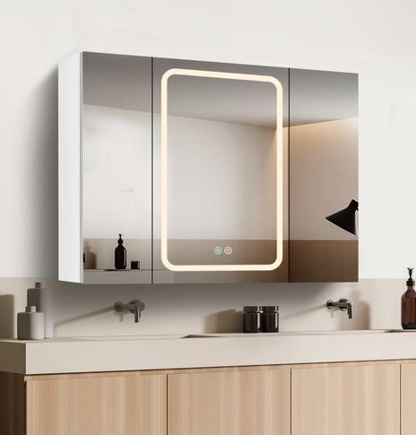 GETPRO Lighted Medicine Cabinets 40x30 inch LED Medicine Cabinet Mirror for Bathroom White Aluminum Surface Mount Anti-fogger Function 3 Color Temperature Adjustable Brightness