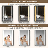 GETPRO Medicine Cabinets LED Lighted 40X30 Bathroom Medicine Cabinet Anti-Fog Function 3 Color Lights Dimmable Brightness Modern Three Doors Surface Mounted Aluminum Main Cabinet Left Door