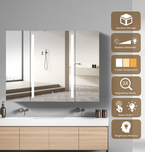 GETPRO Medicine Cabinets 40 W X 30 H LED Medicine Cabinet with Mirror for Bathroom Double Doors Modern 3X Magnifying Mirror Medicine Cabinet with Lights 3 Color Lights Dimmable Brightness