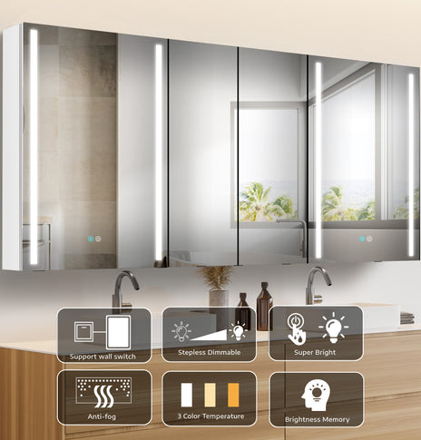 GETPRO Medicine Cabinets 60X30 LED Lighted Bathroom Medicine Cabinet Anti-fogger Dimmable Light Brightness Large Modern 3 Doors Medicine Cabinet White Alumimum Waterproof