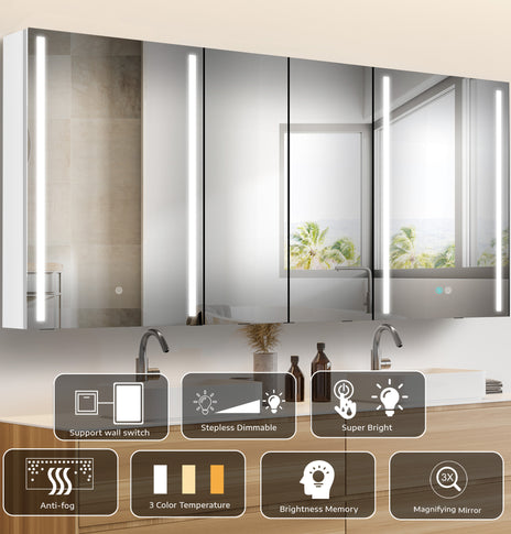 GETPRO Medicine Cabinets 60X30 LED Lighted Bathroom Medicine Cabinet 3X Magnifying Mirror Anti-fogger Dimmable Light Brightness Large Modern 3 Doors Medicine Cabinet White Alumimum Waterproof