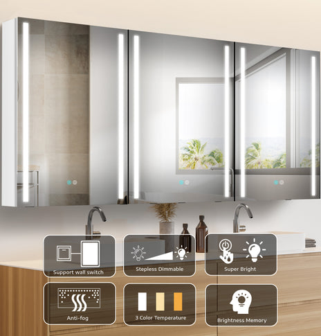 GETPRO Medicine Cabinets 60X30 LED Lighted Bathroom Medicine Cabinet Anti-fogger Dimmable Light Brightness Large Modern 3 Doors Medicine Cabinet White Alumimum Waterproof
