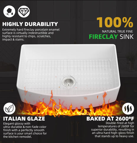 GETPRO White Farmhouse Sink 33 inch Curved Apron Front Farm Sink Fireclay Big Single Bowl Kitchen Sink Arc Shaped Deep Large Capacity with Accessories Protective Bottom Grid and Kitchen Sink Strainer