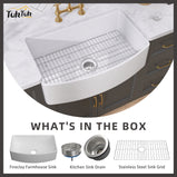 GETPRO White Farmhouse Sink 33 inch Curved Apron Front Farm Sink Fireclay Big Single Bowl Kitchen Sink Arc Shaped Deep Large Capacity with Accessories Protective Bottom Grid and Kitchen Sink Strainer