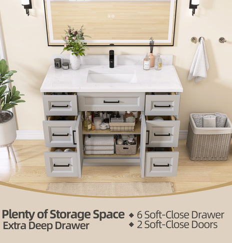 GETPRO 48" Light Grey Bathroom Vanity Cabinet With Sink Combo Set, Modern Solid Wood Frame Bathroom Storage Vanity With Single Sink, Led Lighted Mirror, 2 Soft Closing Doors & 1 Full Extension Drawers
