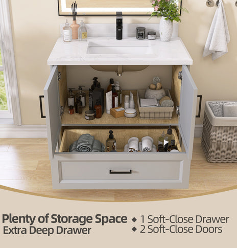 GETPRO 36" Light Grey Bathroom Vanity Cabinet With Sink Combo Set, Modern Solid Wood Frame Bathroom Storage Vanity With Single Sink, Led Lighted Mirror, 2 Soft Closing Doors & 1 Full Extension Drawers