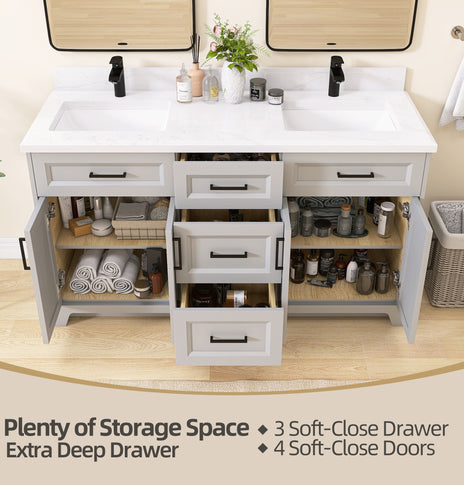 GETPRO 60" Light Grey Bathroom Vanity Cabinet With Sink Combo Set, Modern Solid Wood Frame Bathroom Storage Vanity With Single Sink, Led Lighted Mirror, 2 Soft Closing Doors & 1 Full Extension Drawers