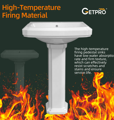 GETPRO Pedestal Sink 34 Inch x 27 Inch Bathroom Pedestal Sink Ceramic Pedestal Sink For Bathroom Glossy White Pedestal Sink Bath Pedestal Sink Combo Rectangle American Standard