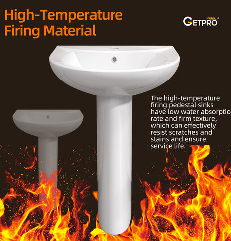 GETPRO Pedestal Sink 33 Inch x 22 Inch Bathroom Pedestal Sink Ceramic Pedestal Sink For Bathroom Glossy White Pedestal Sink Bath Pedestal Sink Combo Rectangle American Standard