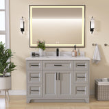 GETPRO 48" Light Grey Bathroom Vanity Cabinet With Sink Combo Set, Modern Solid Wood Frame Bathroom Storage Vanity With Single Sink, Led Lighted Mirror, 2 Soft Closing Doors & 1 Full Extension Drawers