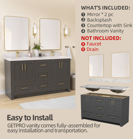 GETPRO 60" Bathroom Vanity Cabinet With Sink Combo Set, Modern Solid Wood Frame Bathroom Storage Vanity With Double Sink, Two Bathroom Vanity Mirrors, 5 Soft Closing Doors & 4 Full Extension Drawers