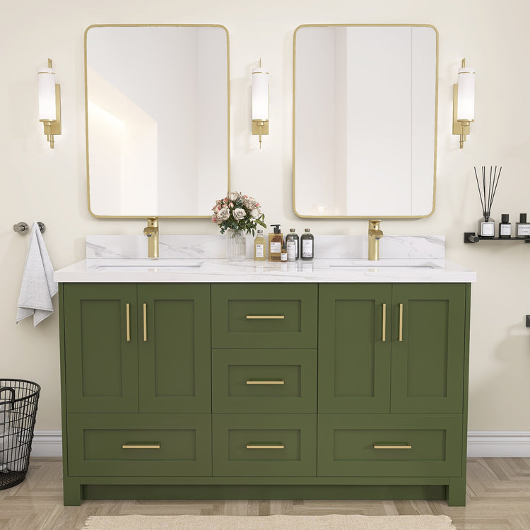 GETPRO 60" Bathroom Vanity Cabinet With Sink Combo Set, Modern Solid Wood Frame Bathroom Storage Vanity With Double Sink, Two Bathroom Vanity Mirrors, 5 Soft Closing Doors & 4 Full Extension Drawers