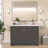 GETPRO 48" Bathroom Vanity Cabinet With Sink Combo Set, Modern Solid Wood Frame Bathroom Storage Vanity With Single Sink, Led Lighted Mirror, 2 Soft Closing Doors & 6 Full Extension Drawers