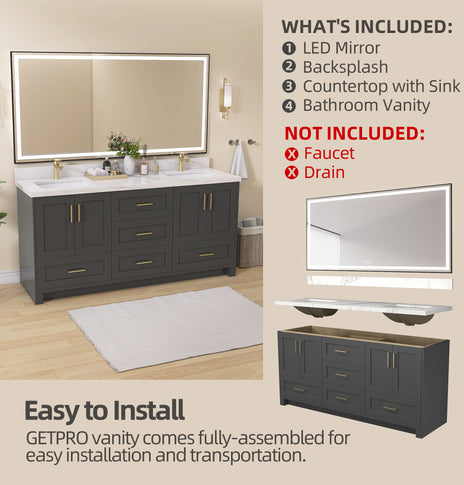 GETPRO 72" Bathroom Vanity Cabinet With Sink Combo Set, Modern Solid Wood Frame Bathroom Storage Vanity With Double Sink, Led Lighted Mirror, 5 Soft Closing Doors & 4 Full Extension Drawers