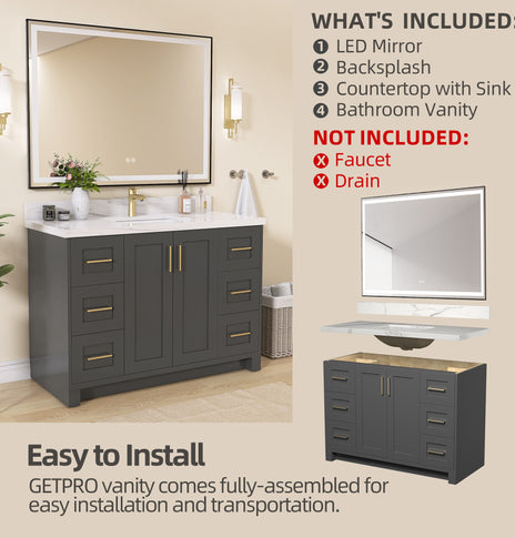 GETPRO 48" Bathroom Vanity Cabinet With Sink Combo Set, Modern Solid Wood Frame Bathroom Storage Vanity With Single Sink, Led Lighted Mirror, 2 Soft Closing Doors & 6 Full Extension Drawers