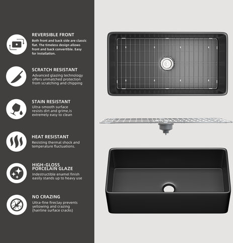 GETPRO Farmhouse Sink 30 Inch Fireclay Farm Black Kitchen Sink Apron Front Large Deep Porcelain Single Bowl with Modern Style Protective Bottom Grid and Kitchen Sink Drain