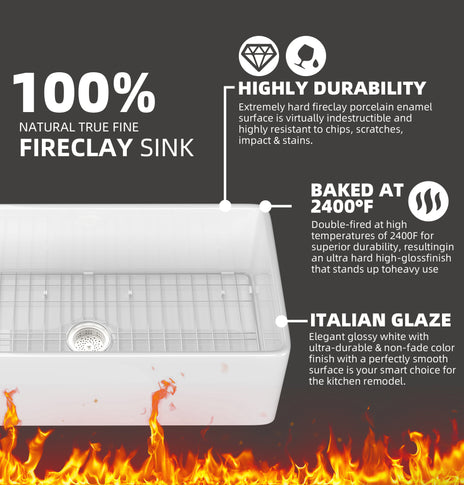 GETPRO Farmhouse Sink 30 Inch Fireclay Farm White Kitchen Sink Apron Front Large Deep Porcelain Single Bowl with Modern Style Protective Bottom Grid and Kitchen Sink Drain