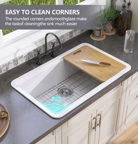 GETPRO White Kitchen Sink 33 X22 Fireclay Undermount Workstation Sink Drop In Kitchen Sink Large Deep Modern Sink with Accessaries Bottom Grid and Kitchen Sink Drain