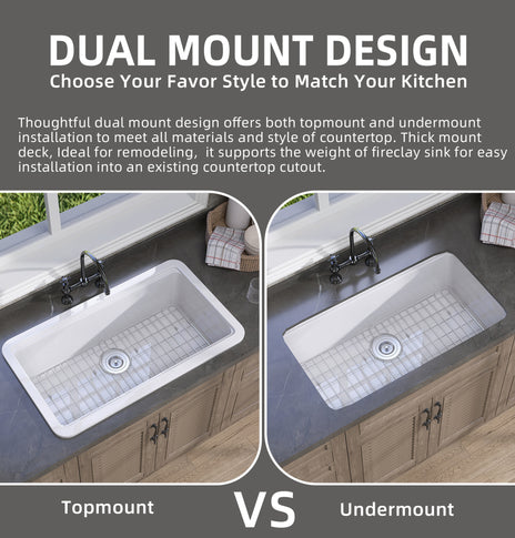 GETPRO Drop in Kitchen Sink 33 X 20 Topmount & Undermount Kitchen Sink Dual Mount White Kitchen Sink Single Bowl Fireclay Farmhouse Kitchen Sinks with Modern Accessory Kit