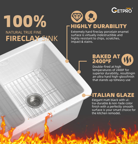 GETPRO Drop in Kitchen Sink 32 X 19 Topmount & Undermount Kitchen Sink Dual Mount White Kitchen Sink Double Bowl Fireclay Farmhouse Kitchen Sinks with Modern Accessory Kit