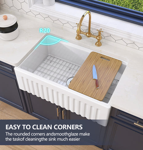 GETPRO Farmhouse Sink 33X20 Fireclay White Kitchen Sink with Workstation Single Bowl Farm Sink Apron Front Single Bowl Modern Sink with Luxury Bottom Grid and Kitchen Sink Drain