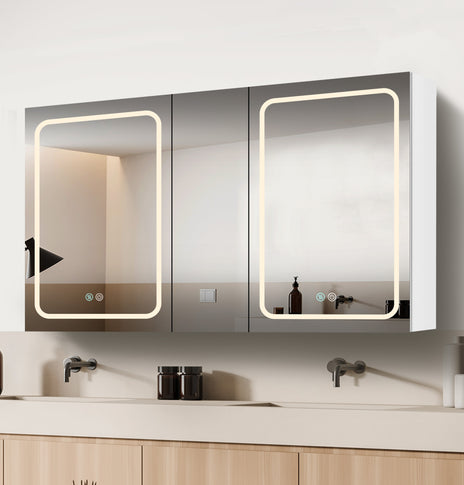 GETPRO Lighted Medicine Cabinets 50x30 inch LED Medicine Cabinet Mirror for Bathroom White Aluminum Surface Mount Anti-fogger Function 3 Color Temperature Adjustable Brightness