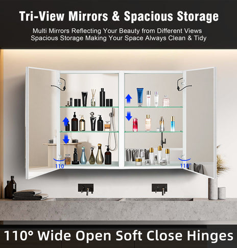 GETPRO LED Mirror Lighted Medicine Cabinet 40x30 inch Double Door Bathroom Medicine Cabinets with Lights Large Capacity Surface Wall Mounted with Defogger 3 Color Adjustable Lighting Dimmer Aluminum