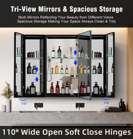 GETPRO Lighted Medicine Cabinets 40x30 inch LED Medicine Cabinet Mirror for Bathroom Black Aluminum Surface Mount Anti-fogger Function 3 Color Temperature Adjustable Brightness