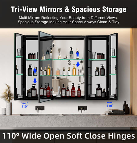 GETPRO Lighted Medicine Cabinets 40x30 inch LED Medicine Cabinet Mirror for Bathroom Black Aluminum Surface Mount Anti-fogger Function 3 Color Temperature Adjustable Brightness