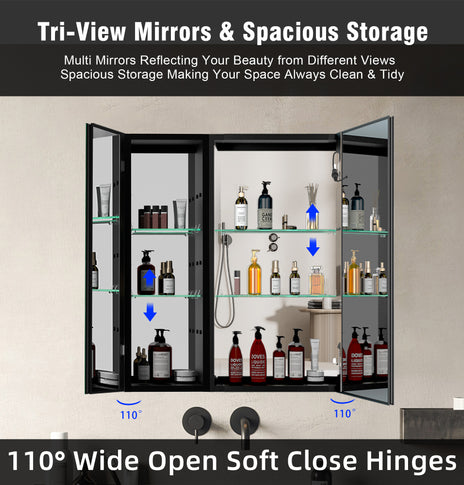 GETPRO 30x30 inch Lighted Medicine Cabinets LED Medicine Cabinet Mirror for Bathroom Black Aluminum Surface Mount Anti-fogger Function 3 Color Temperature Adjustable Brightness