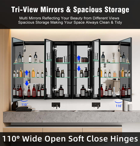 GETPRO Lighted Medicine Cabinets 60x30 inch LED Medicine Cabinet Mirror for Bathroom Black Aluminum Surface Mount Anti-fogger Function 3 Color Temperature Adjustable Brightness