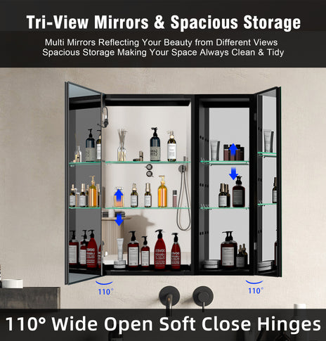 GETPRO 30x30 inch Lighted Medicine Cabinets LED Medicine Cabinet Mirror for Bathroom Black Aluminum Surface Mount Anti-fogger Function 3 Color Temperature Adjustable Brightness