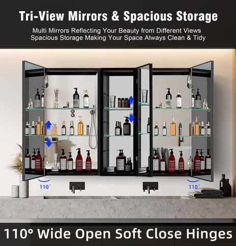 GETPRO Lighted Medicine Cabinets 50x30 inch LED Medicine Cabinet Mirror for Bathroom Black Aluminum Surface Mount Anti-fogger Function 3 Color Temperature Adjustable Brightness