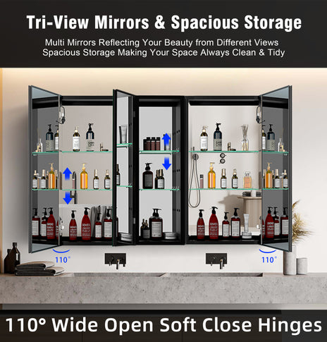 GETPRO Lighted Medicine Cabinets 50x30 inch LED Medicine Cabinet Mirror for Bathroom Black Aluminum Surface Mount Anti-fogger Function 3 Color Temperature Adjustable Brightness