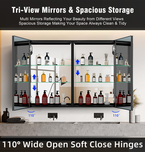 GETPRO 40x30 inch LED Mirror Lighted Medicine Cabinet Double Door Bathroom Medicine Cabinets with Lights Large Capacity Surface Wall Mounted with Defogger 3 Color Adjustable Lighting Dimmer Aluminum