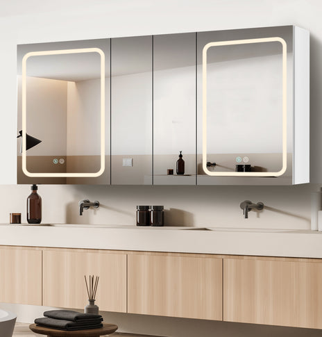 GETPRO Lighted Medicine Cabinets 60x30 inch LED Medicine Cabinet Mirror for Bathroom White Aluminum Surface Mount Anti-fogger Function 3 Color Temperature Adjustable Brightness