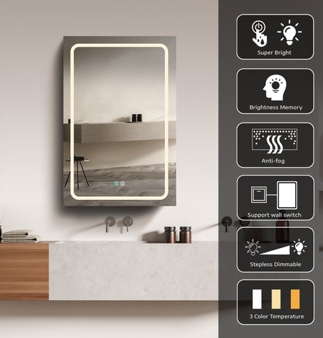 GETPRO Medicine Cabinets LED Lighted Medicine Cabinet with Lights Dimmer Defogger White Aluminum Bathroom Medicine Cabinet Adjustable Glass Shelves 30x20 inch White Left Hinge