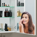 GETPRO Medicine Cabinets LED Lighted Medicine Cabinet with Mirror Dimmer Defogger Aluminum Bathroom Medicine Cabinet Adjustable Glass Shelves 30x20 inch White Right Hinge