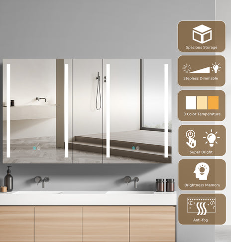GETPRO Medicine Cabinets 50 W X 30 H LED Medicine Cabinet with Mirror for Bathroom Double Doors Modern Medicine Cabinet with Lights Anti-fogger 3 Color Lights Dimmable Brightness with Big Storage