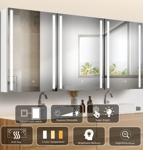 GETPRO Medicine Cabinets 60X30 LED Lighted Bathroom Medicine Cabinet 3X Magnifying Mirror Anti-fogger Dimmable Light Brightness Large Modern 3 Doors Medicine Cabinet White Alumimum Waterproof