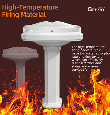 GETPRO Pedestal Sink 35 Inch x 23 Inch Bathroom Pedestal Sink Ceramic Pedestal Sink For Bathroom Glossy White Pedestal Sink Bath Pedestal Sink Combo Rectangle American Standard