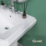 GETPRO Pedestal Sink 34 Inch x 27 Inch Bathroom Pedestal Sink Ceramic Pedestal Sink For Bathroom Glossy White Pedestal Sink Bath Pedestal Sink Combo Rectangle American Standard