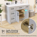 GETPRO 48" Light Grey Bathroom Vanity Cabinet With Sink Combo Set, Modern Solid Wood Frame Bathroom Storage Vanity With Single Sink, Led Lighted Mirror, 2 Soft Closing Doors & 1 Full Extension Drawers