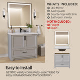 GETPRO 36" Light Grey Bathroom Vanity Cabinet With Sink Combo Set, Modern Solid Wood Frame Bathroom Storage Vanity With Single Sink, Led Lighted Mirror, 2 Soft Closing Doors & 1 Full Extension Drawers