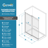 GETPRO Shower Doors 57-60"W x 79"H Frameless Glass Shower Door Double Sliding with Upgraded Soft Close Anti-Jumping System 3/8 inch Tempered Glass Noiseless & Width Adjustable Matte Black