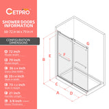 GETPRO Shower Doors 68-72” W x 79” H with Soft Closing 3/8" Clear Tempered Glass, Double Sliding Glass Shower Door Frameless Aluminium Alloy Hardware Matt Black