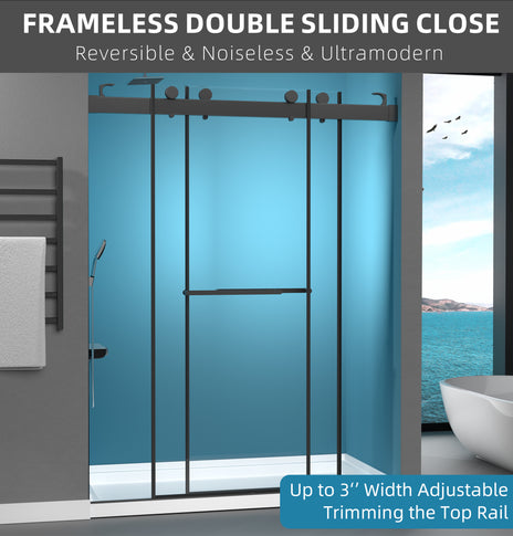 GETPRO Shower Door 69-72'' W x 79'' H Frameless Glass Shower Door Double Sliding with Upgraded Soft Close Anti-Jumping System 3/8 inch Tempered Glass Noiseless & Width Adjustable Matte Black