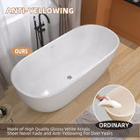 GETPRO Acrylic Free standing Tub 65 inch - Double Walled Insulation Freestanding Bathtub, Adjustable Soaking Tub with Linear Slotted Overflow and Removable Chrome Drain 65x29.5 Inch Matt White