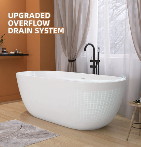 GETPRO Acrylic Free standing Tub 55 inch - Double Walled Insulation Freestanding Bathtub, Adjustable Soaking Tub with Linear Slotted Overflow and Removable Chrome Drain 55x29.5 Inch Matt White