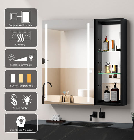 GETPRO Medicine Cabinets LED Lighted 40X30 Black Bathroom Medicine Cabinet with Lights Anti-Fog Function 3 Color Lights Dimmable Brightness Modern Design